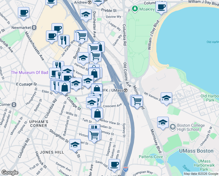 map of restaurants, bars, coffee shops, grocery stores, and more near 839 Columbia Road in Boston
