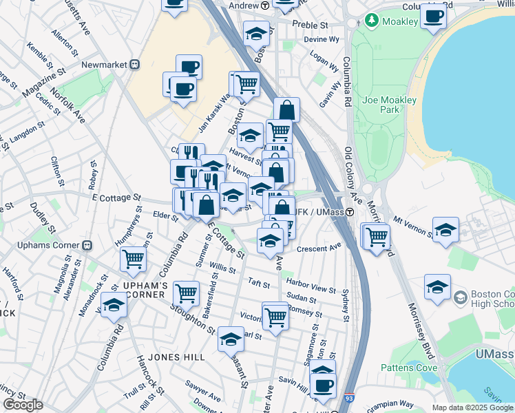 map of restaurants, bars, coffee shops, grocery stores, and more near 69 Roseclair Street in Boston