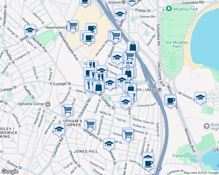 map of restaurants, bars, coffee shops, grocery stores, and more near 34 Roseclair Street in Boston