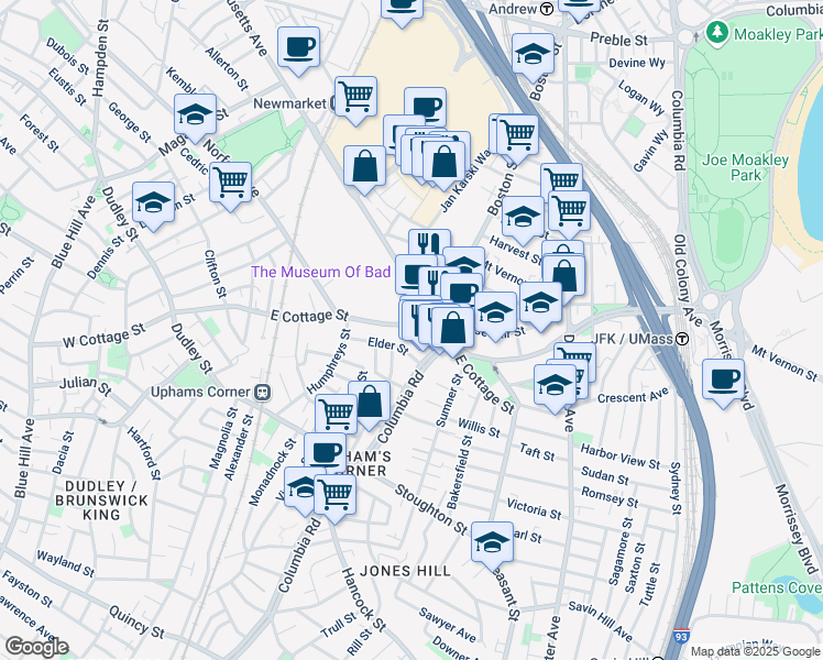 map of restaurants, bars, coffee shops, grocery stores, and more near 154 East Cottage Street in Boston
