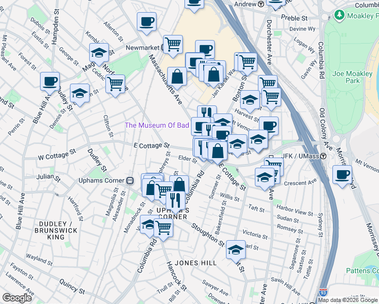 map of restaurants, bars, coffee shops, grocery stores, and more near 133 East Cottage Street in Boston