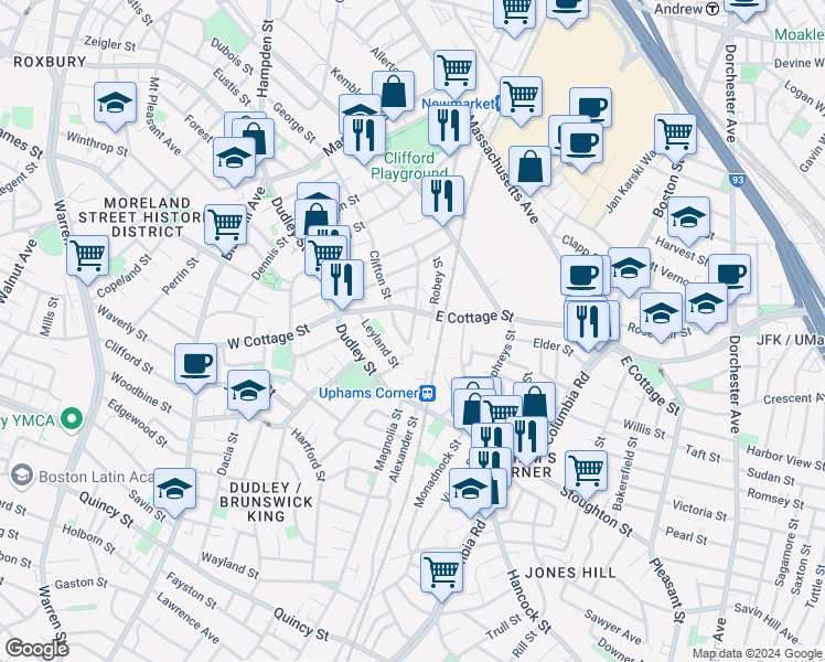 map of restaurants, bars, coffee shops, grocery stores, and more near 59 Clifton Street in Boston