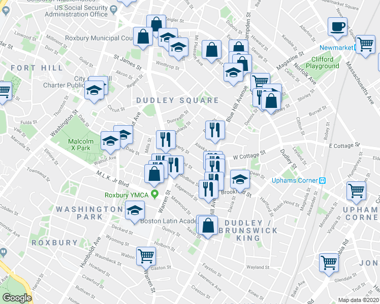 map of restaurants, bars, coffee shops, grocery stores, and more near 31 Waverly Street in Boston
