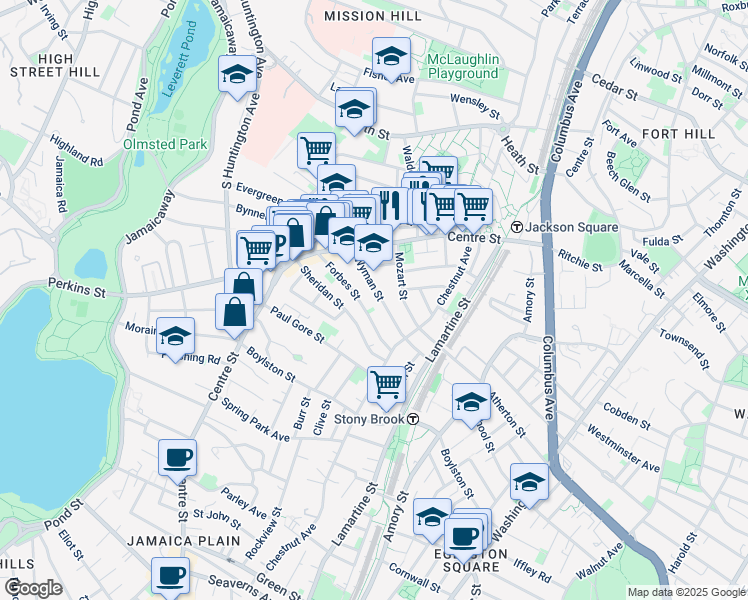 map of restaurants, bars, coffee shops, grocery stores, and more near 47 Wyman Street in Boston