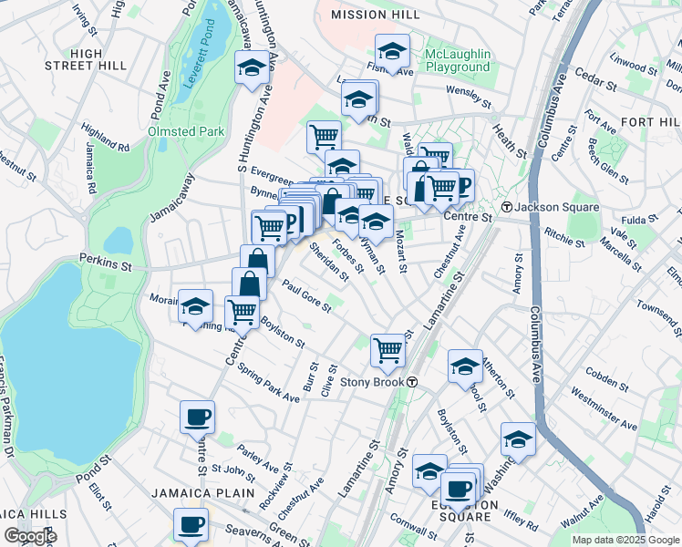 map of restaurants, bars, coffee shops, grocery stores, and more near 50 Sheridan Street in Boston