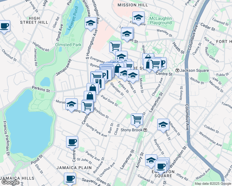 map of restaurants, bars, coffee shops, grocery stores, and more near 20 Cranston Street in Boston