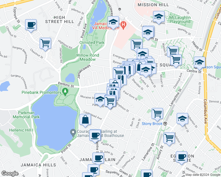 map of restaurants, bars, coffee shops, grocery stores, and more near 403 South Huntington Avenue in Boston