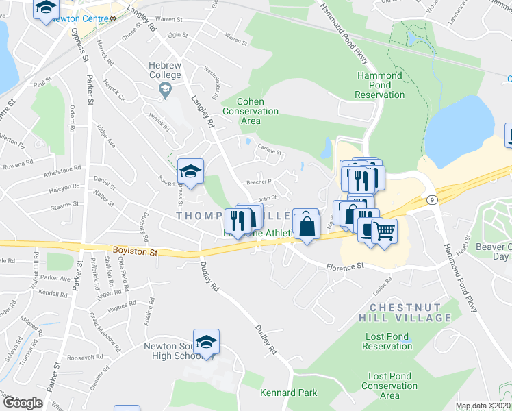 map of restaurants, bars, coffee shops, grocery stores, and more near 373 Langley Road in Newton
