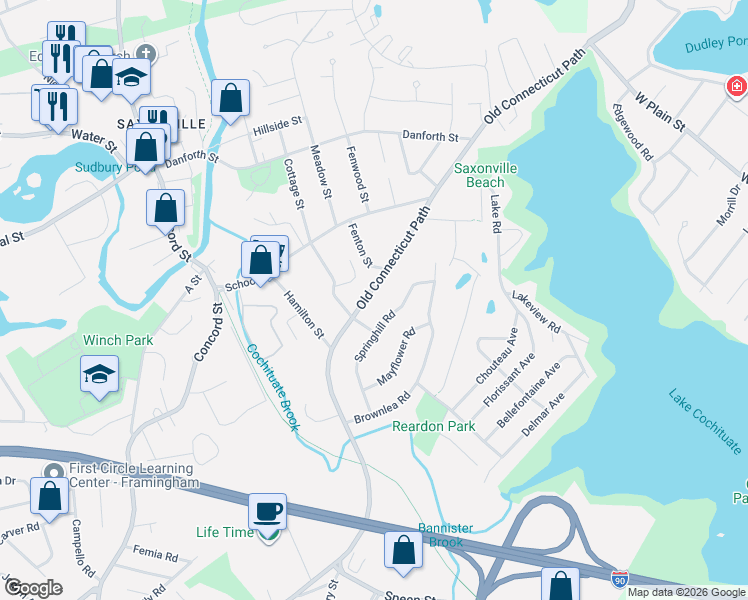 map of restaurants, bars, coffee shops, grocery stores, and more near 830 Old Connecticut Path in Framingham