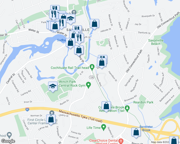 map of restaurants, bars, coffee shops, grocery stores, and more near 1504 Concord Street in Framingham