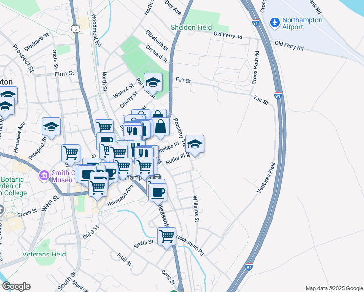 map of restaurants, bars, coffee shops, grocery stores, and more near 59 Phillips Place in Northampton
