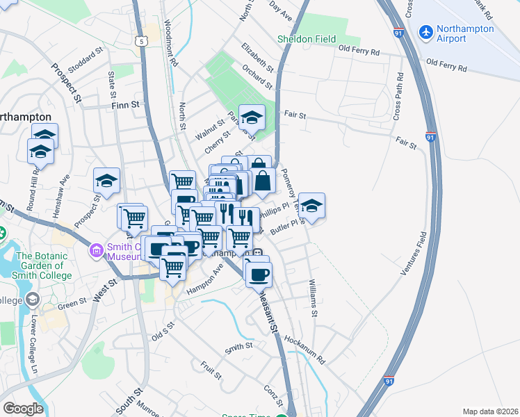 map of restaurants, bars, coffee shops, grocery stores, and more near 31 Bridge Street in Northampton
