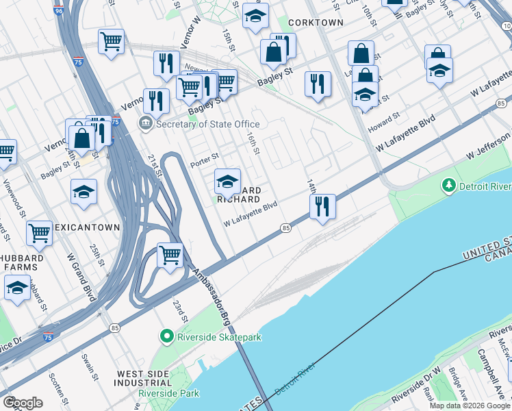 map of restaurants, bars, coffee shops, grocery stores, and more near 2520 West Lafayette Boulevard in Detroit