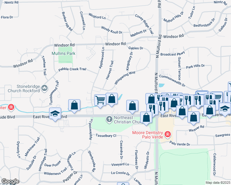 map of restaurants, bars, coffee shops, grocery stores, and more near 5681 Whispering Way in Loves Park