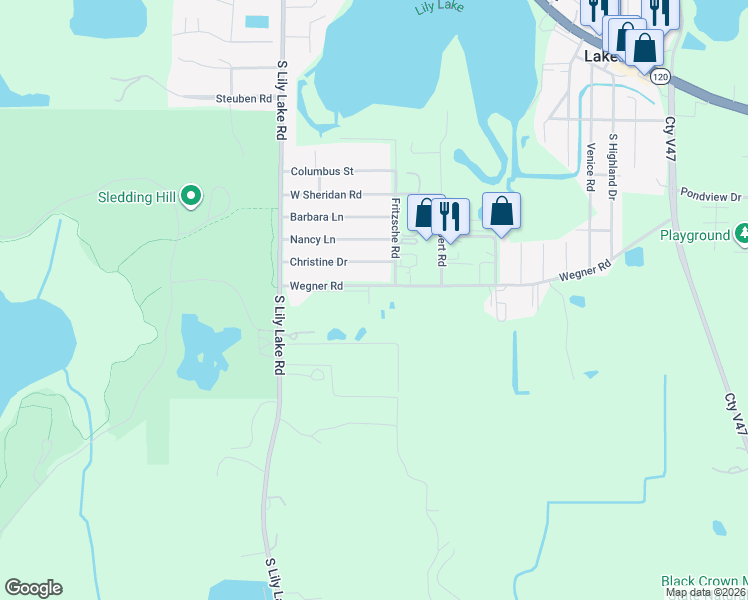 map of restaurants, bars, coffee shops, grocery stores, and more near 607 Wegner Road in Lakemoor