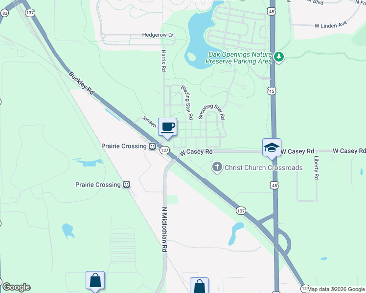 map of restaurants, bars, coffee shops, grocery stores, and more near 1032 Harris Road in Grayslake