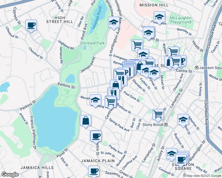 map of restaurants, bars, coffee shops, grocery stores, and more near 403 South Huntington Avenue in Boston