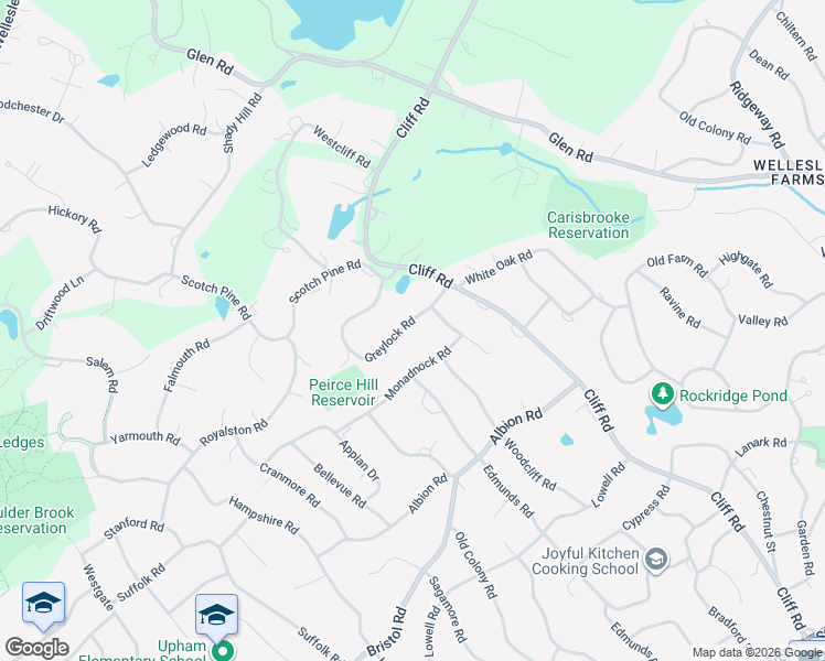 map of restaurants, bars, coffee shops, grocery stores, and more near 15 Peirce Road in Wellesley