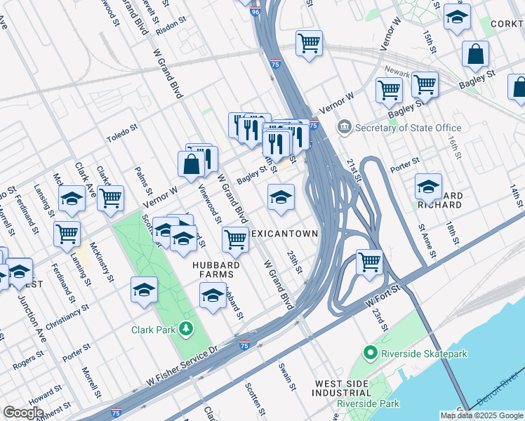map of restaurants, bars, coffee shops, grocery stores, and more near 1489 25th Street in Detroit