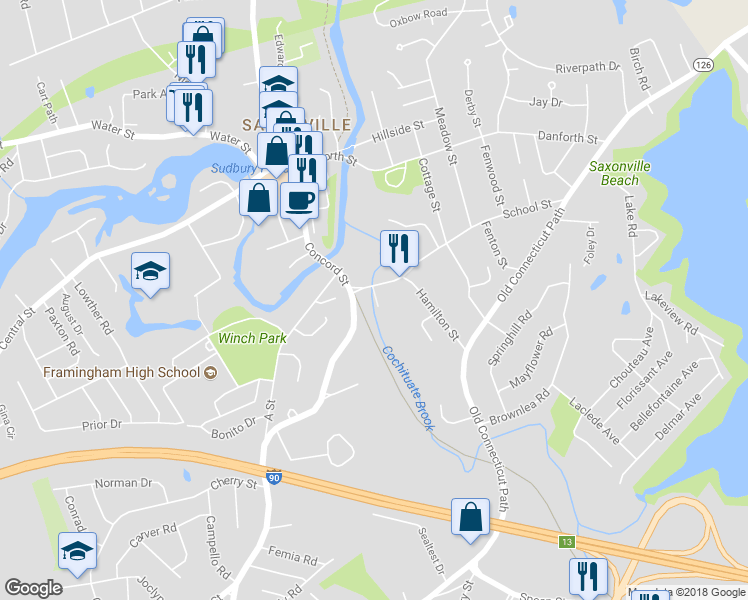 map of restaurants, bars, coffee shops, grocery stores, and more near 173 Concord Street in Framingham