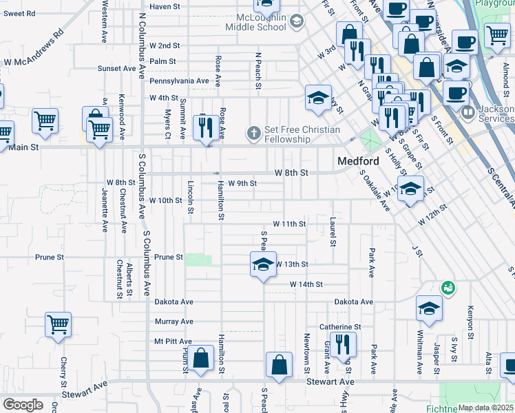 map of restaurants, bars, coffee shops, grocery stores, and more near 1031 West 10th Street in Medford