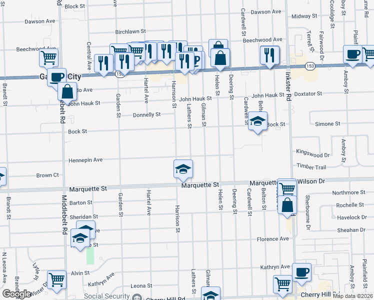 map of restaurants, bars, coffee shops, grocery stores, and more near 1525 Lathers Street in Garden City