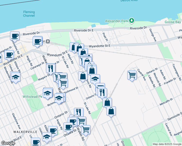 map of restaurants, bars, coffee shops, grocery stores, and more near 1050 Drouillard Road in Windsor