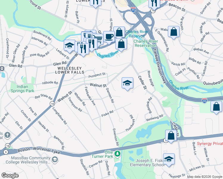 map of restaurants, bars, coffee shops, grocery stores, and more near 11 Hunting Street in Wellesley
