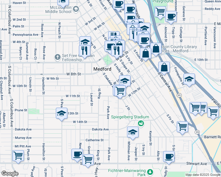 map of restaurants, bars, coffee shops, grocery stores, and more near 517 West 10th Street in Medford