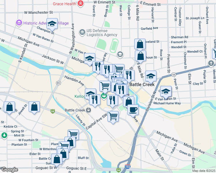 map of restaurants, bars, coffee shops, grocery stores, and more near 71 West Michigan Avenue in Battle Creek