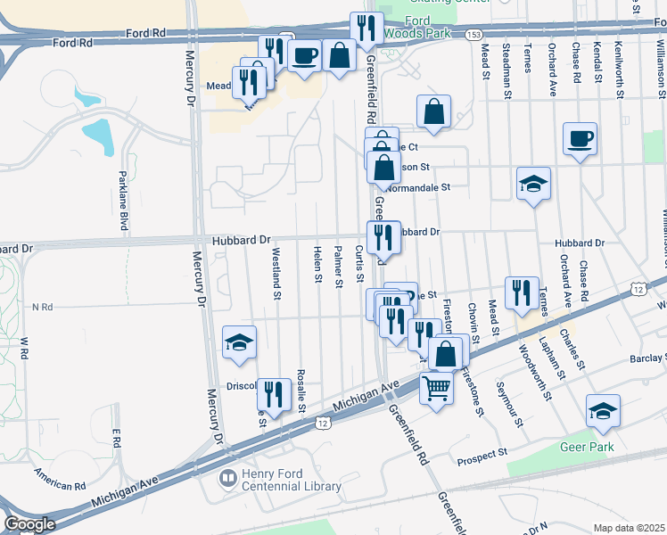map of restaurants, bars, coffee shops, grocery stores, and more near 4825 Palmer Street in Dearborn