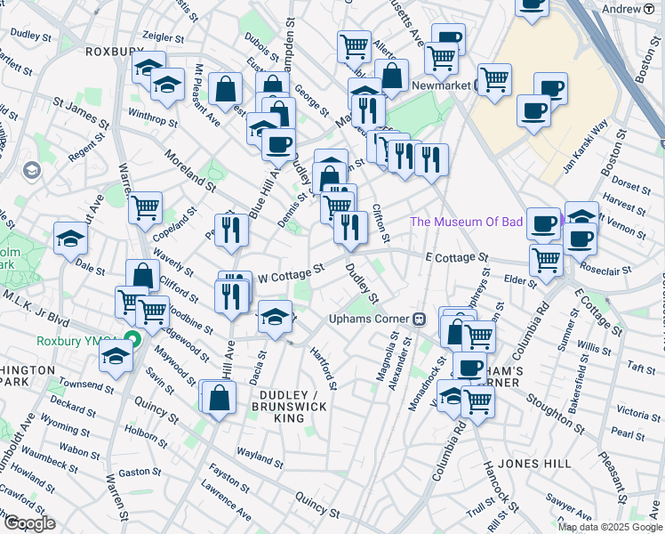 map of restaurants, bars, coffee shops, grocery stores, and more near 12 West Cottage Street in Boston