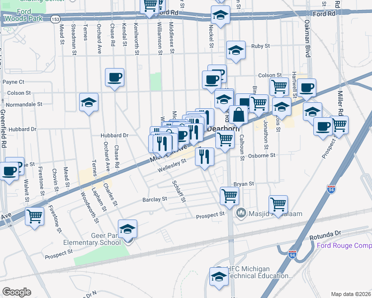 map of restaurants, bars, coffee shops, grocery stores, and more near 13919 Michigan Avenue in Dearborn