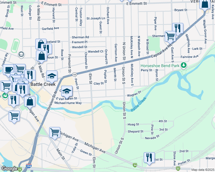map of restaurants, bars, coffee shops, grocery stores, and more near 65 Poplar Street in Battle Creek