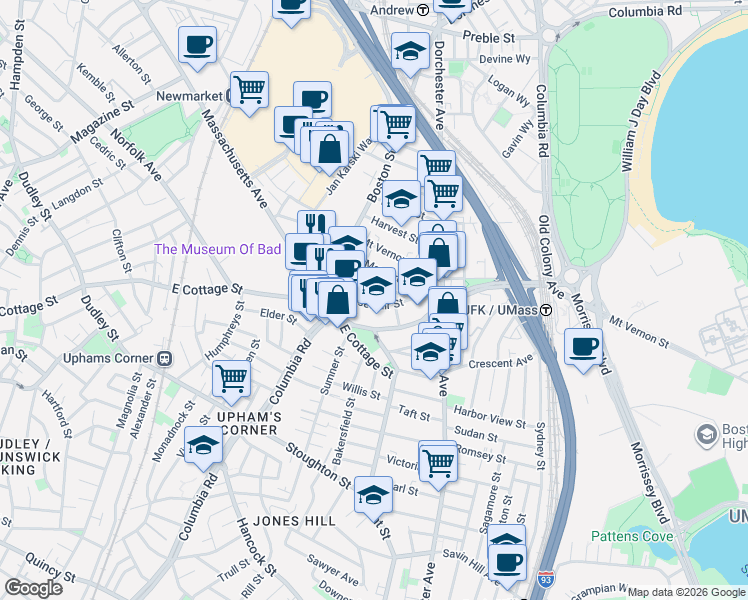 map of restaurants, bars, coffee shops, grocery stores, and more near 34 Roseclair Street in Boston