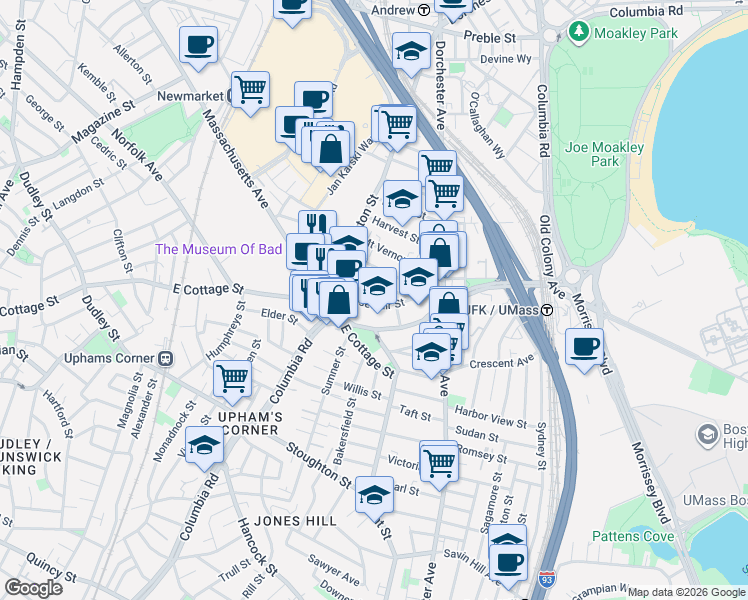 map of restaurants, bars, coffee shops, grocery stores, and more near 30 Roseclair Street in Boston