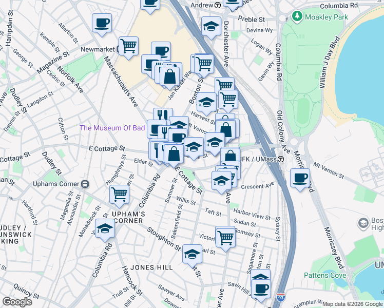 map of restaurants, bars, coffee shops, grocery stores, and more near 30 Roseclair Street in Boston