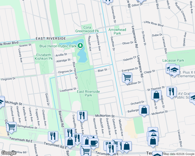 map of restaurants, bars, coffee shops, grocery stores, and more near 11993 Cobblestone Crescent in Windsor