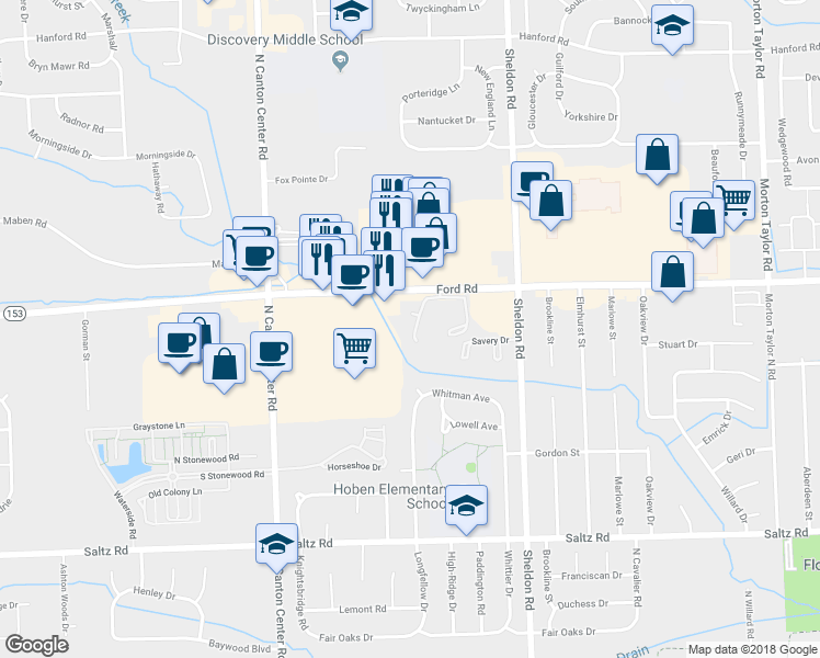 map of restaurants, bars, coffee shops, grocery stores, and more near 44519 Savery Drive in Canton