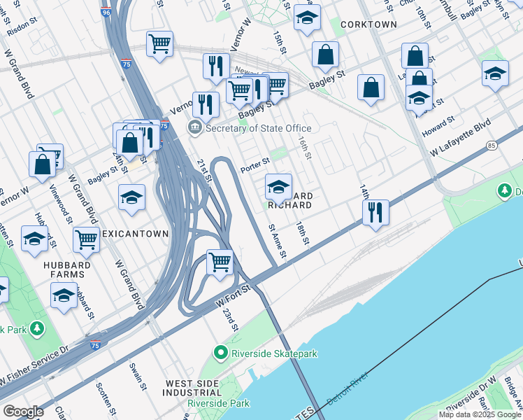 map of restaurants, bars, coffee shops, grocery stores, and more near 1201 Saint Anne Street in Detroit
