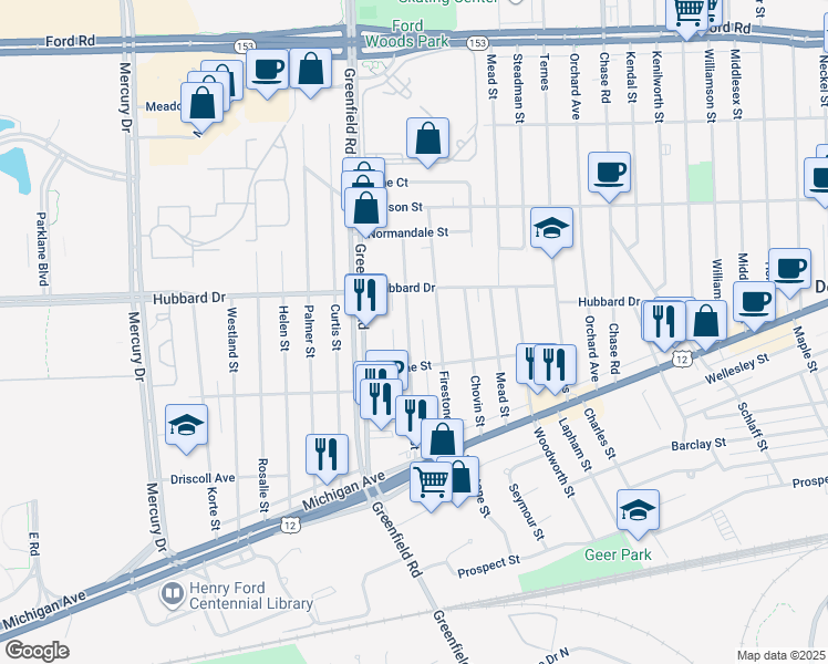 map of restaurants, bars, coffee shops, grocery stores, and more near 4766 Walwit Street in Dearborn