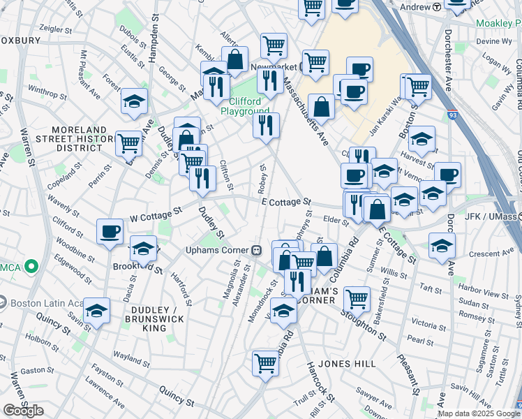 map of restaurants, bars, coffee shops, grocery stores, and more near 90-92 Robey Street in Boston