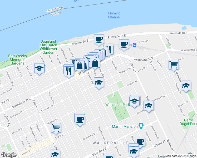 map of restaurants, bars, coffee shops, grocery stores, and more near 752 Chilver Road in Windsor