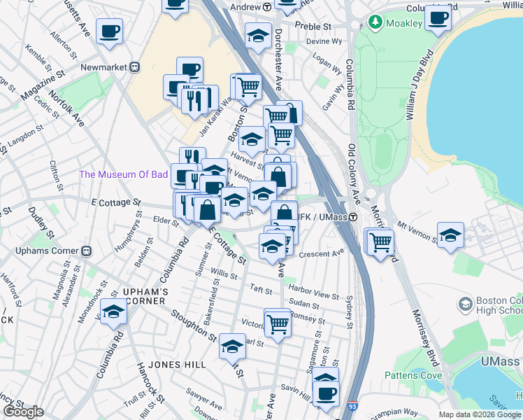 map of restaurants, bars, coffee shops, grocery stores, and more near 69 Roseclair Street in Boston