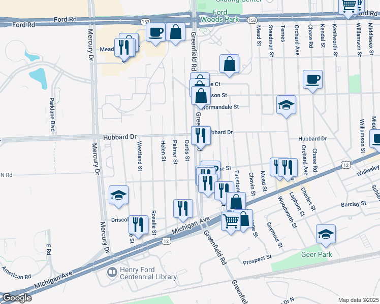 map of restaurants, bars, coffee shops, grocery stores, and more near 4824 Curtis Street in Dearborn
