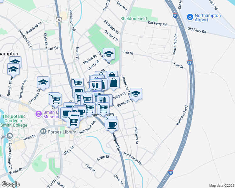 map of restaurants, bars, coffee shops, grocery stores, and more near 28 Phillips Place in Northampton