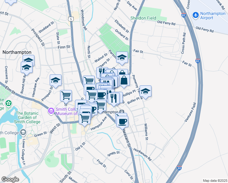 map of restaurants, bars, coffee shops, grocery stores, and more near 15 Bridge Street in Northampton