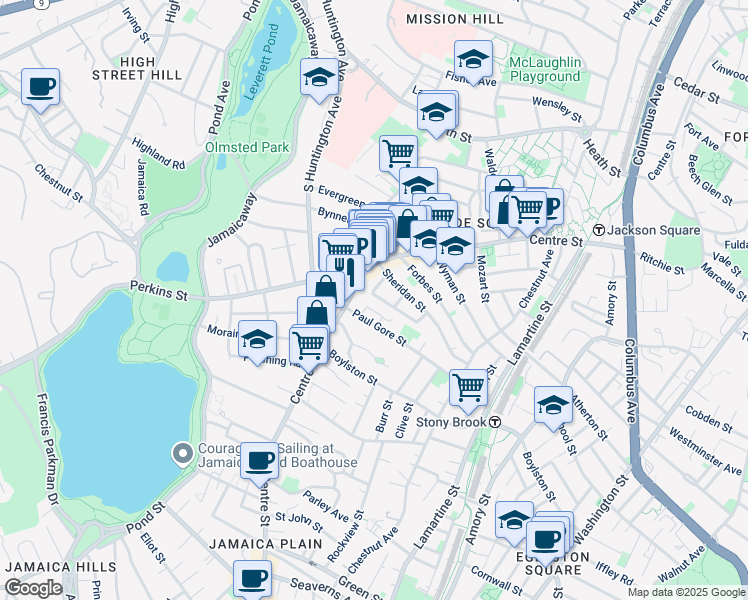 map of restaurants, bars, coffee shops, grocery stores, and more near 17 Cranston Street in Boston