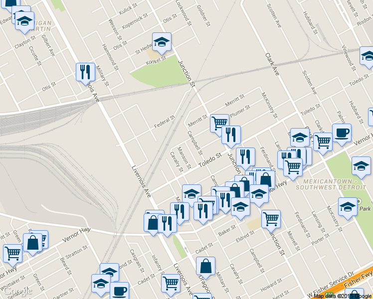 map of restaurants, bars, coffee shops, grocery stores, and more near 2398 Manson Street in Detroit
