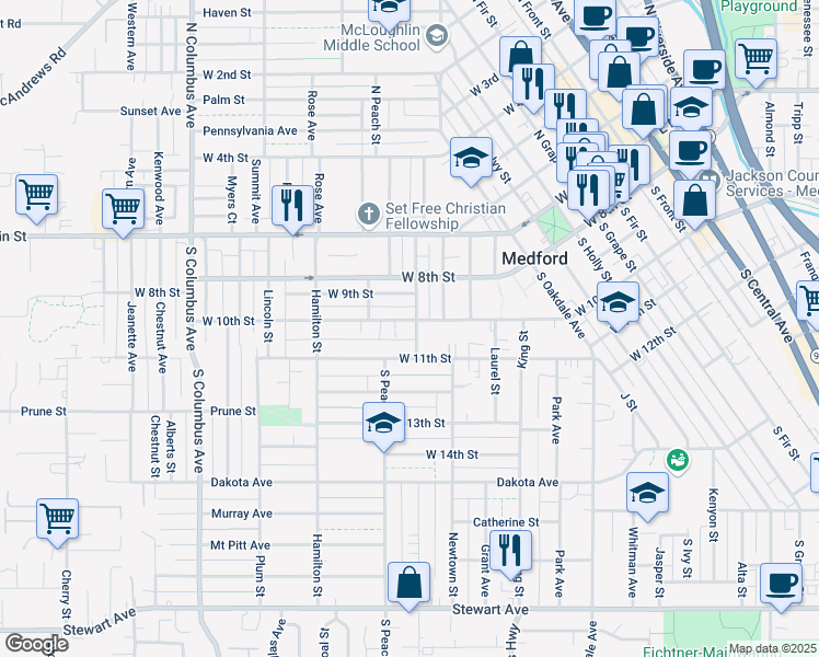 map of restaurants, bars, coffee shops, grocery stores, and more near 1003 West 10th Street in Medford